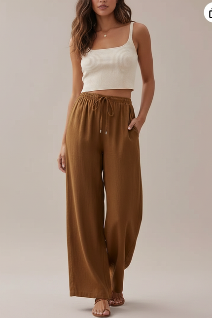 Pantalon Marron Fluide Lin Ample Décontracté Cordon