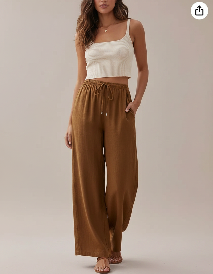 Pantalon Marron Fluide Lin Ample Décontracté Cordon
