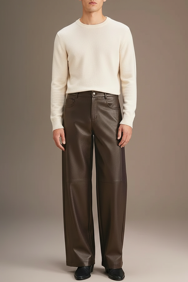 Pantalon Marron Cuir Ample Élégant Homme - Simili cuir