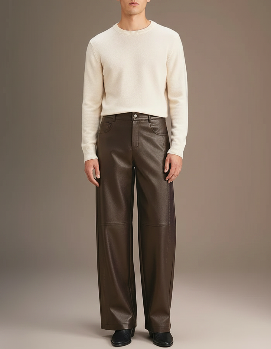 Pantalon Marron Cuir Ample Élégant Homme - Simili cuir