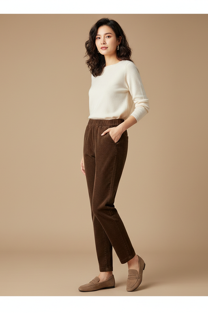Pantalon Marron Côtelé Taille Haute Droit Élégant Femme - Cordé