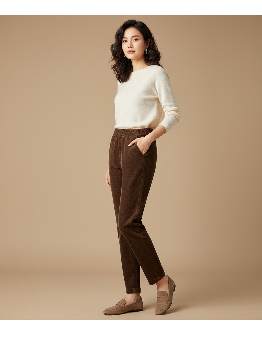 Pantalon Marron Côtelé Taille Haute Droit Élégant Femme - Cordé