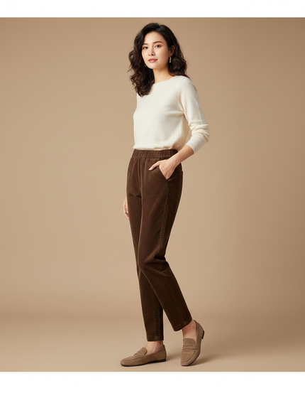 Pantalon Marron Côtelé Taille Haute Droit Élégant Femme - Cordé