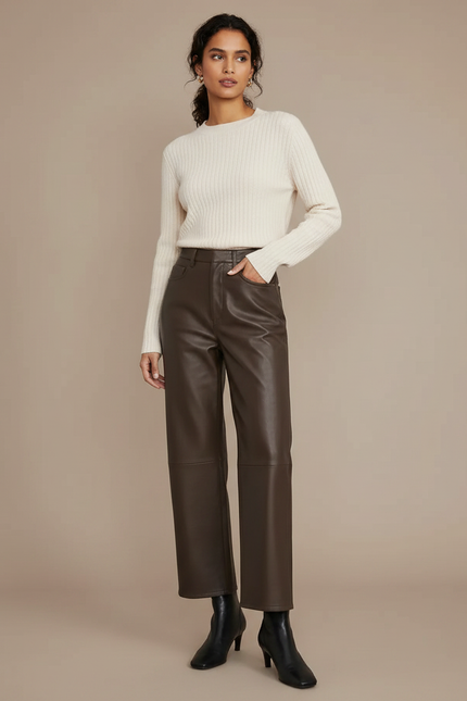 Pantalon Marron Cuir Simili Ample Taille Haute - Simili cuir