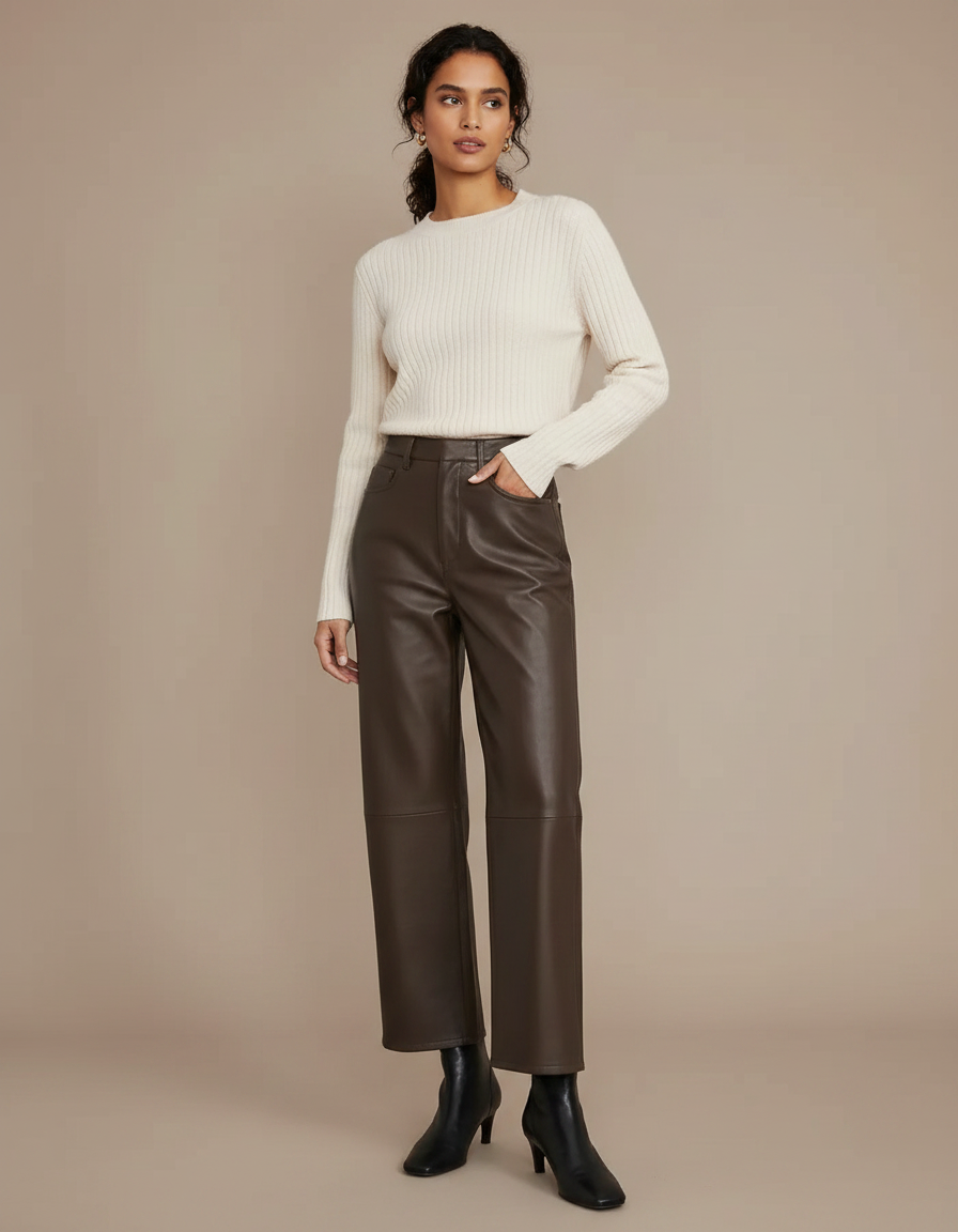 Pantalon Marron Cuir Simili Ample Taille Haute - Simili cuir