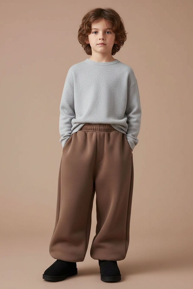 Pantalon Marron Ample Molletonné Enfant Décontracté Chaud
