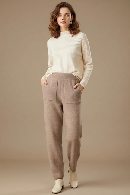 Pantalon Marron Laine Tricoté Ample Décontracté Femme - Camel
