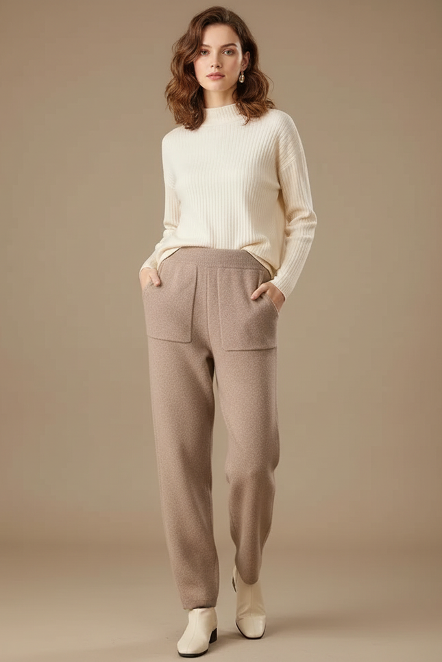Pantalon Marron Laine Tricoté Ample Décontracté Femme - Camel