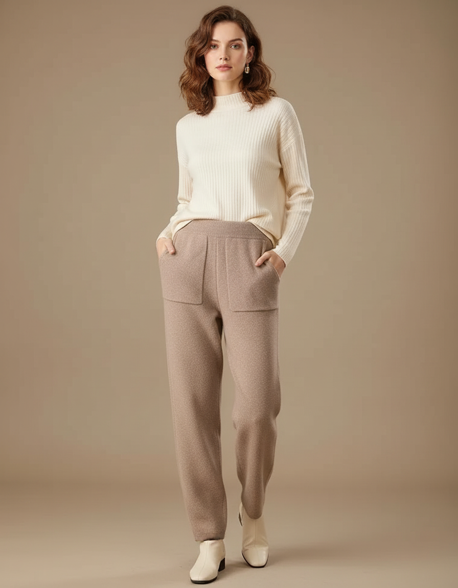 Pantalon Marron Laine Tricoté Ample Décontracté Femme - Camel
