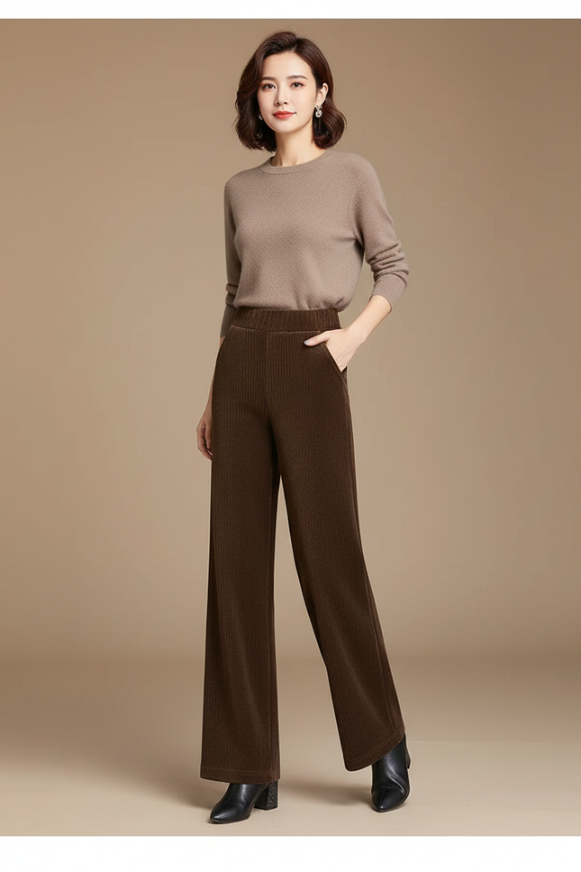Pantalon Marron Côtelé Ample Taille Haute Femme - Cordé