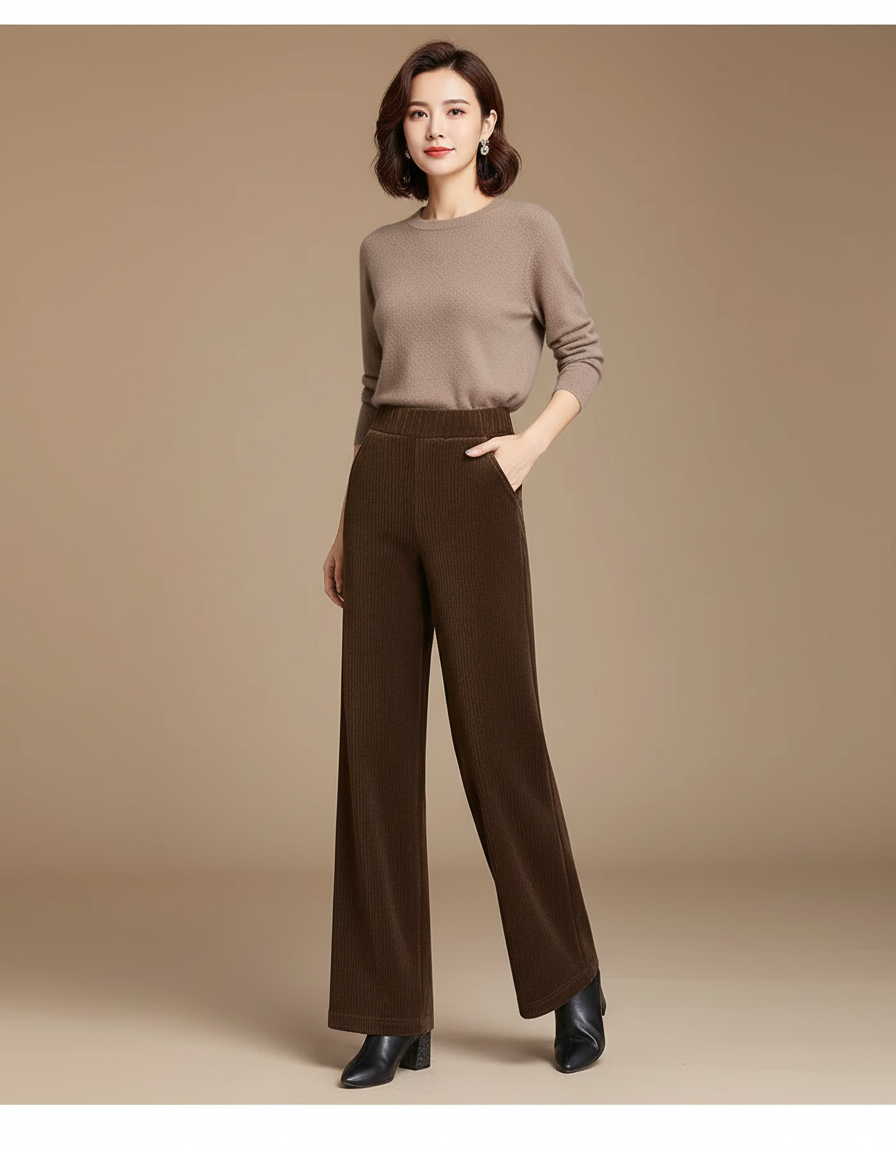 Pantalon Marron Côtelé Ample Taille Haute Femme - Cordé