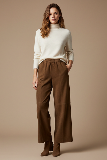 Pantalon Marron Suédé Taille Élastique Large Élégant - Cuir