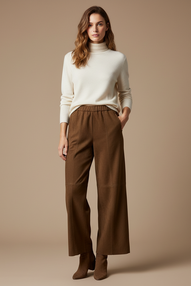 Pantalon Marron Suédé Taille Élastique Large Élégant - Cuir