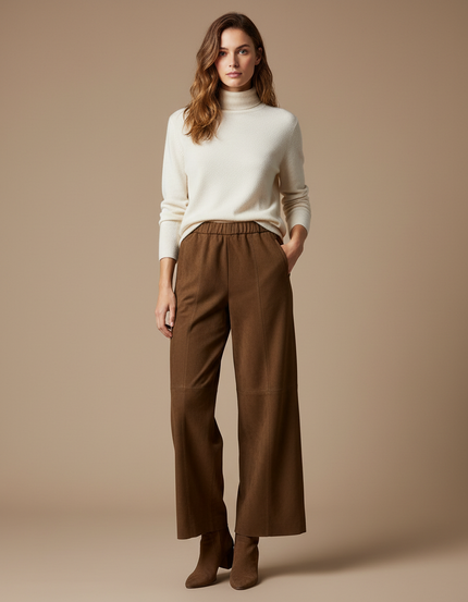 Pantalon Marron Suédé Taille Élastique Large Élégant - Cuir