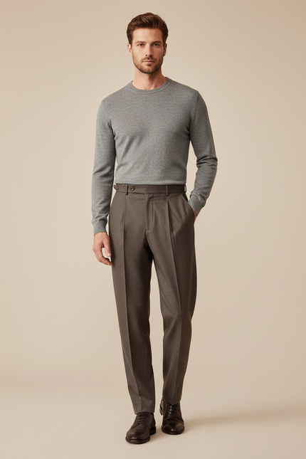 Pantalon Marron Laine Droit Plissé Homme Élégant Formel