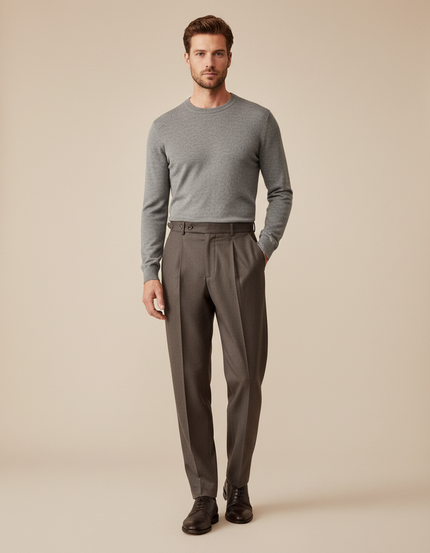 Pantalon Marron Laine Droit Plissé Homme Élégant Formel