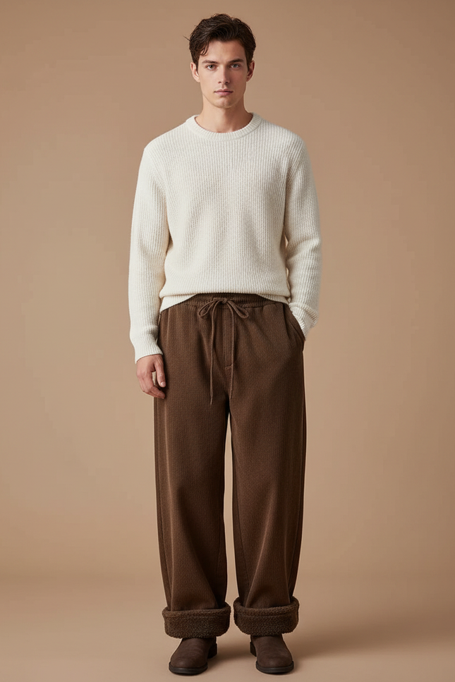 Pantalon Marron Côtelé Ample Doublé Chaud Décontracté - Cordé