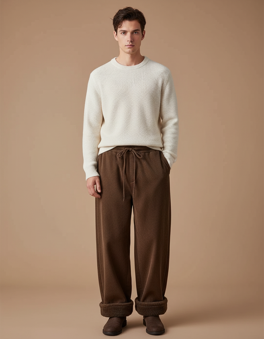 Pantalon Marron Côtelé Ample Doublé Chaud Décontracté - Cordé
