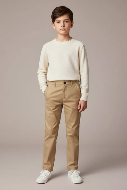 Pantalon Marron Chino Élégant Garçon Décontracté - Kaki Gabardine