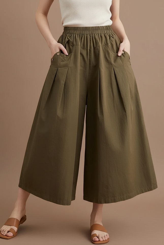 Pantalon Marron Ample Coton Plissé Décontracté Femme - Kaki