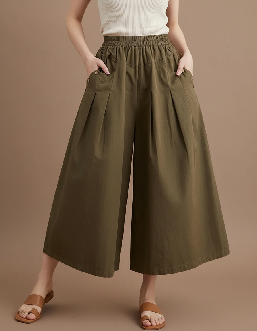 Pantalon Marron Ample Coton Plissé Décontracté Femme - Kaki