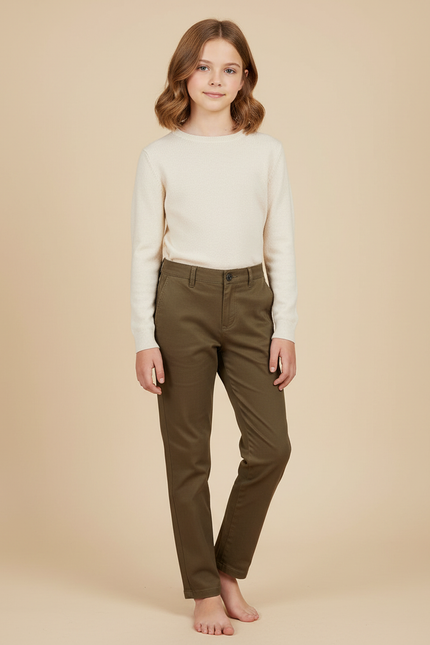 Pantalon Marron Coton Décontracté Droit Enfant - Kaki Gabardine