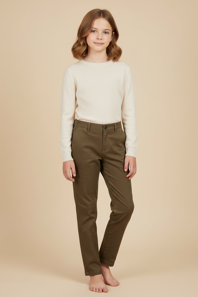 Pantalon Marron Coton Décontracté Droit Enfant - Kaki Gabardine