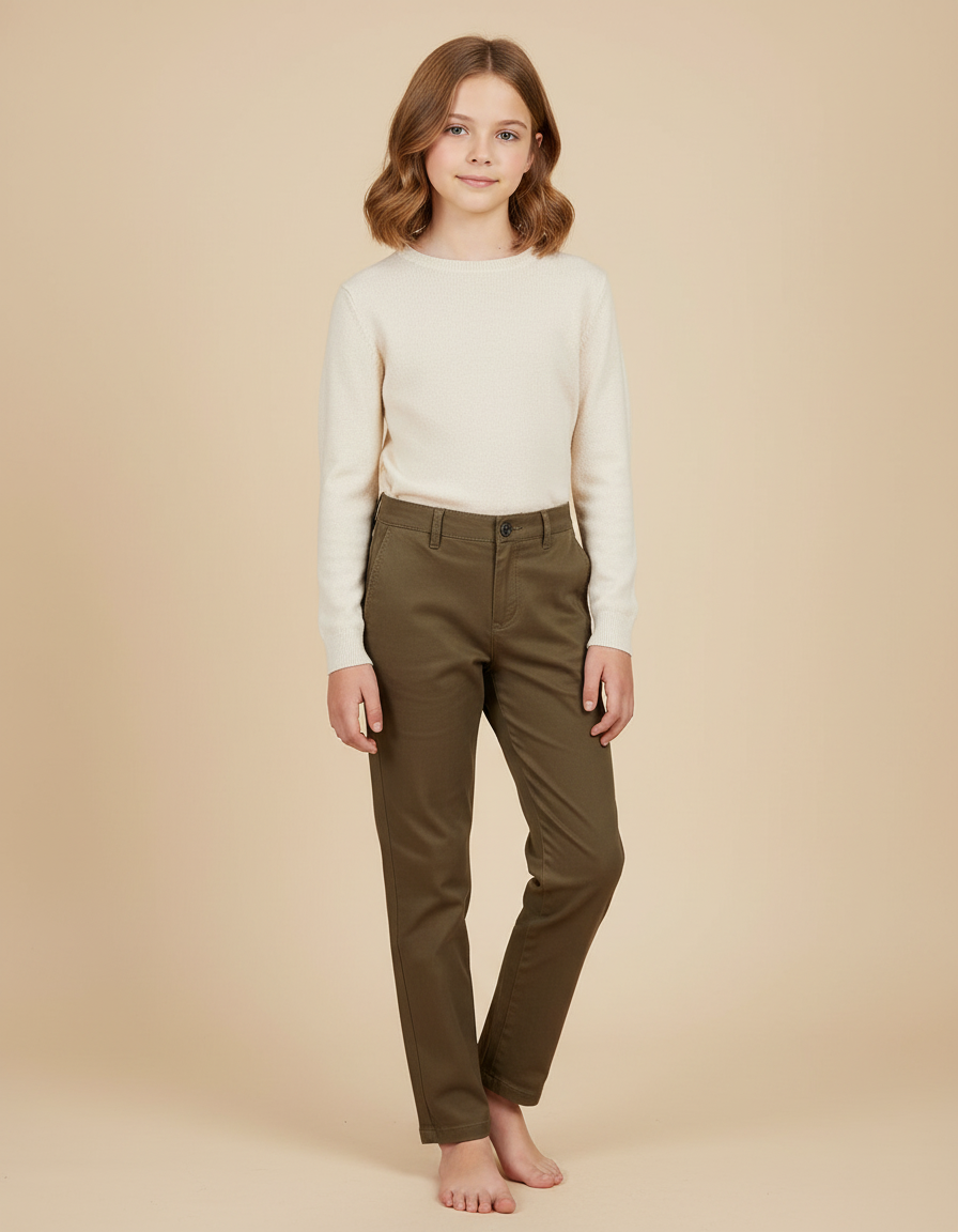 Pantalon Marron Coton Décontracté Droit Enfant - Kaki Gabardine