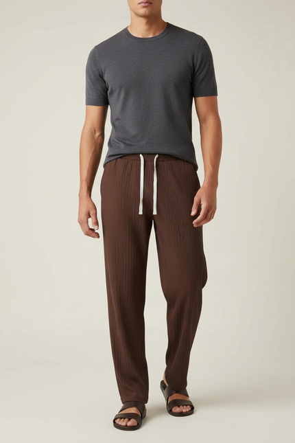 Pantalon Marron Côtelé Ample Décontracté Cordon Homme - Cordé