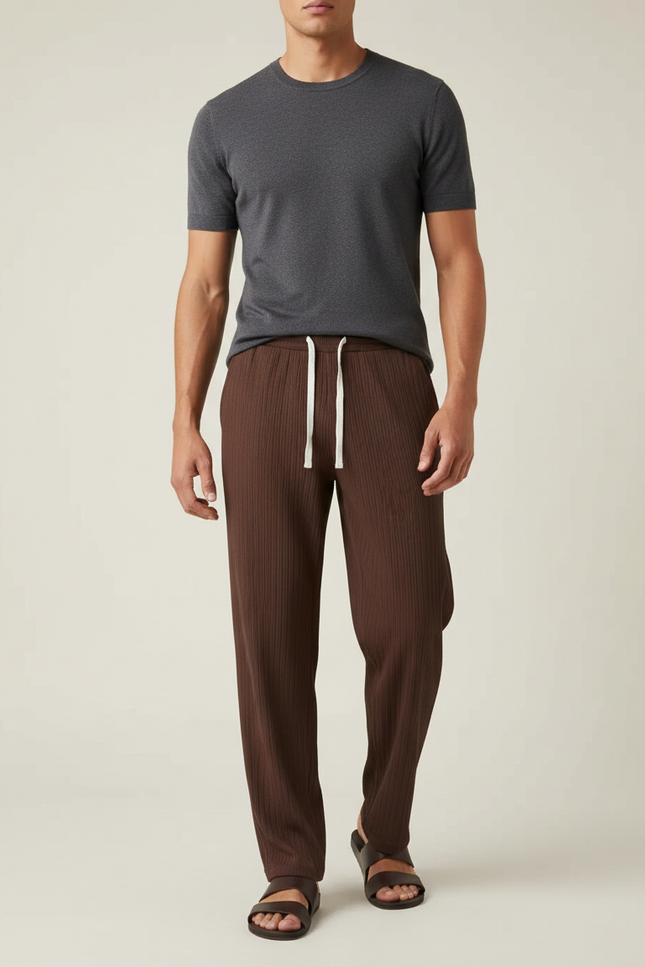 Pantalon Marron Côtelé Ample Décontracté Cordon Homme - Cordé