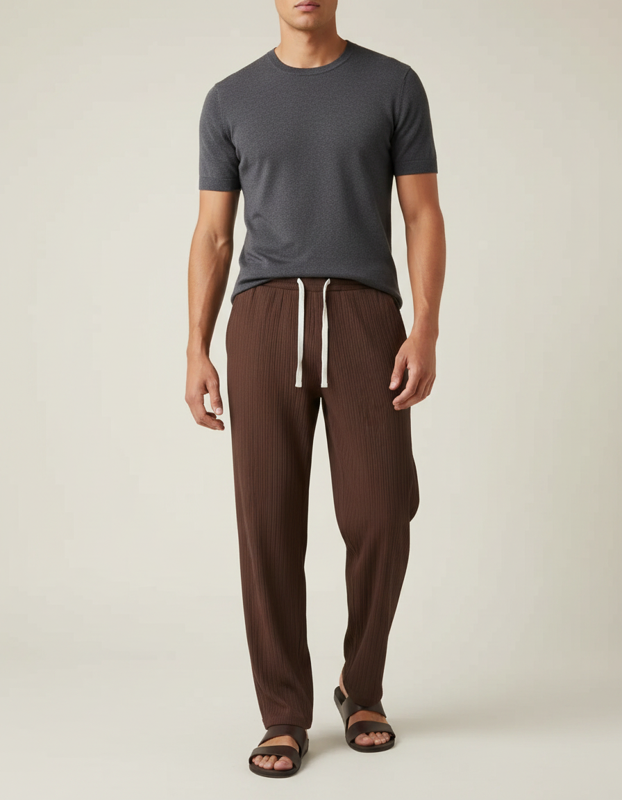 Pantalon Marron Côtelé Ample Décontracté Cordon Homme - Cordé
