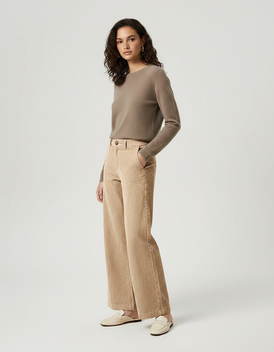 Pantalon Marron Ample Côtelé Décontracté Beige Élégant Femme - Camel Cordé