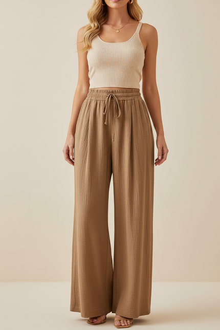 Pantalon Marron Ample Plissé Décontracté Fluide - Viscose