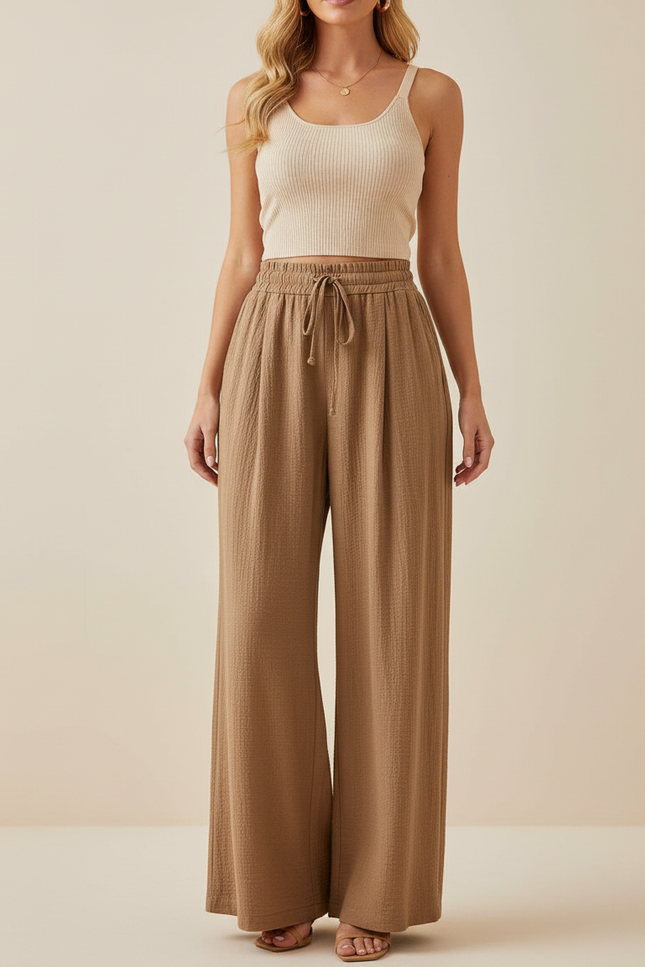 Pantalon Marron Ample Plissé Décontracté Fluide - Viscose