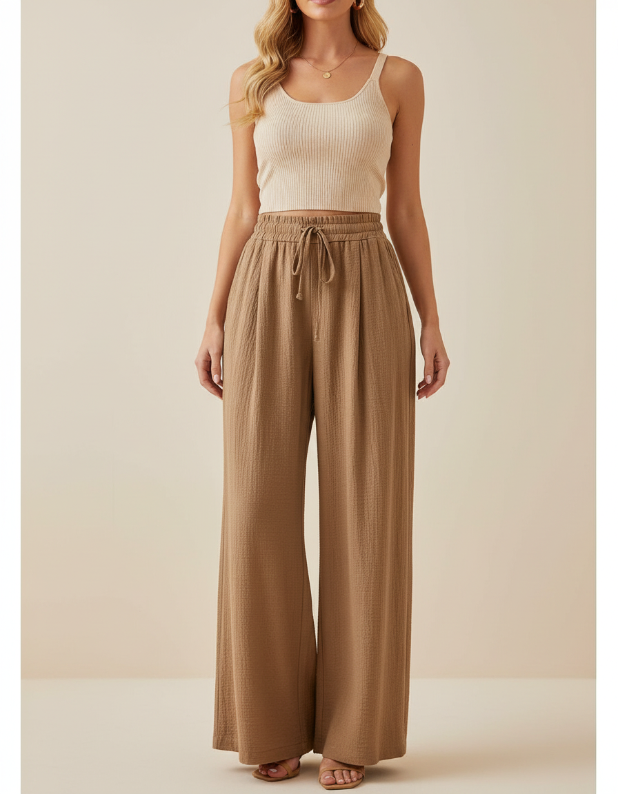 Pantalon Marron Ample Plissé Décontracté Fluide - Viscose