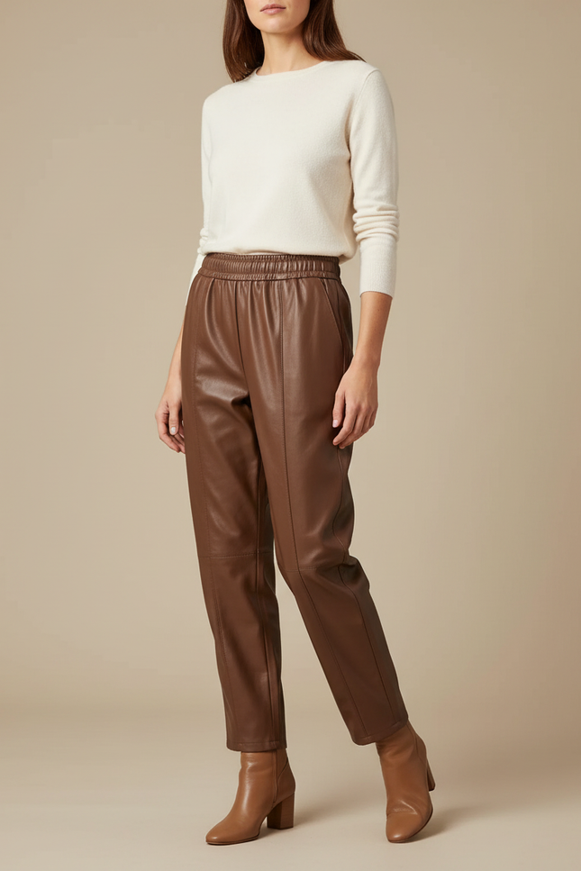 Pantalon Marron Cuir Élastique Ample Élégant Femme