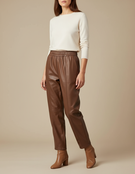 Pantalon Marron Cuir Élastique Ample Élégant Femme