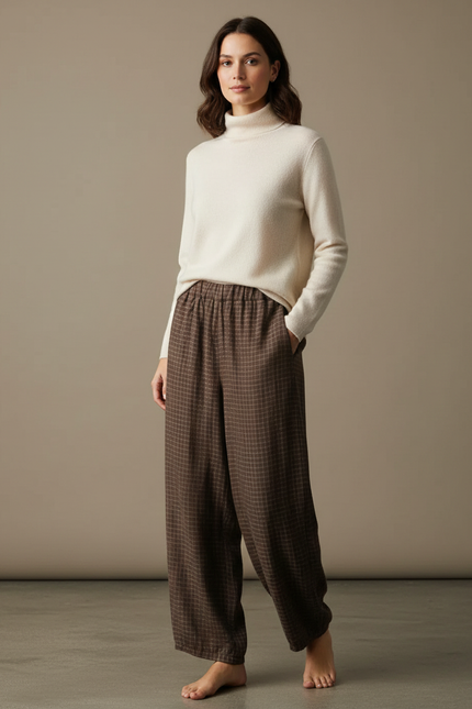 Pantalon Marron Ample Carreaux Décontracté Confortable - Lin
