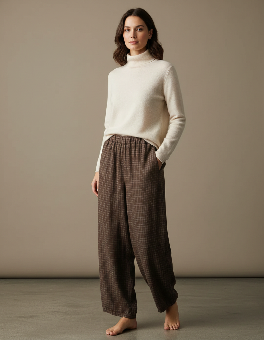 Pantalon Marron Ample Carreaux Décontracté Confortable - Lin