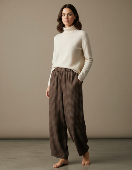 Pantalon Marron Ample Carreaux Décontracté Confortable - Lin