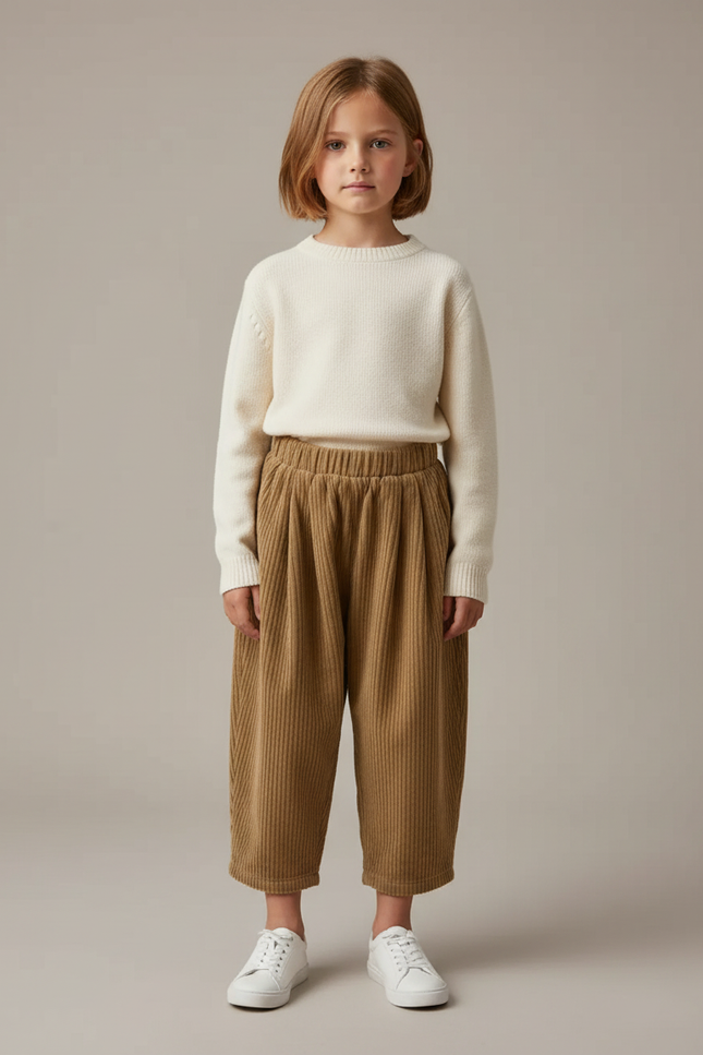 Pantalon Marron Velours Côtelé Ample Enfant Plissé - Camel Cordé