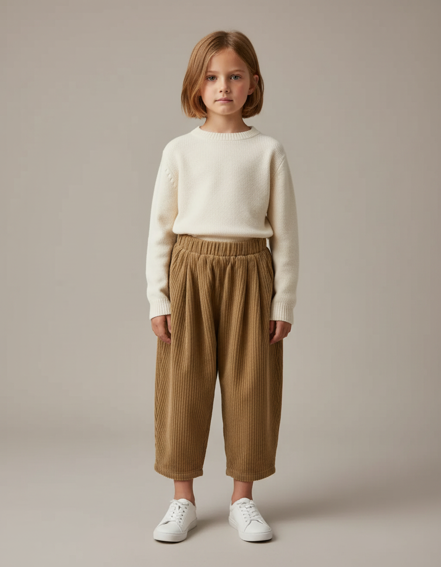 Pantalon Marron Velours Côtelé Ample Enfant Plissé - Camel Cordé