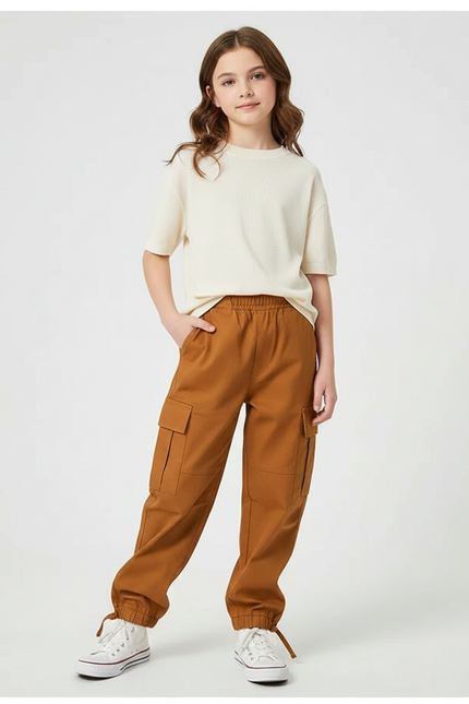 Pantalon Marron Cargo Enfant Taille Élastique Confortable - Toile