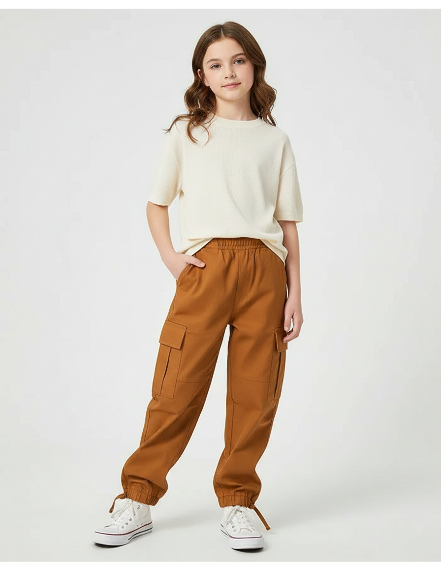 Pantalon Marron Cargo Enfant Taille Élastique Confortable - Toile