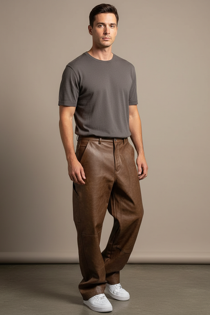 Pantalon Cuir Marron Vieilli