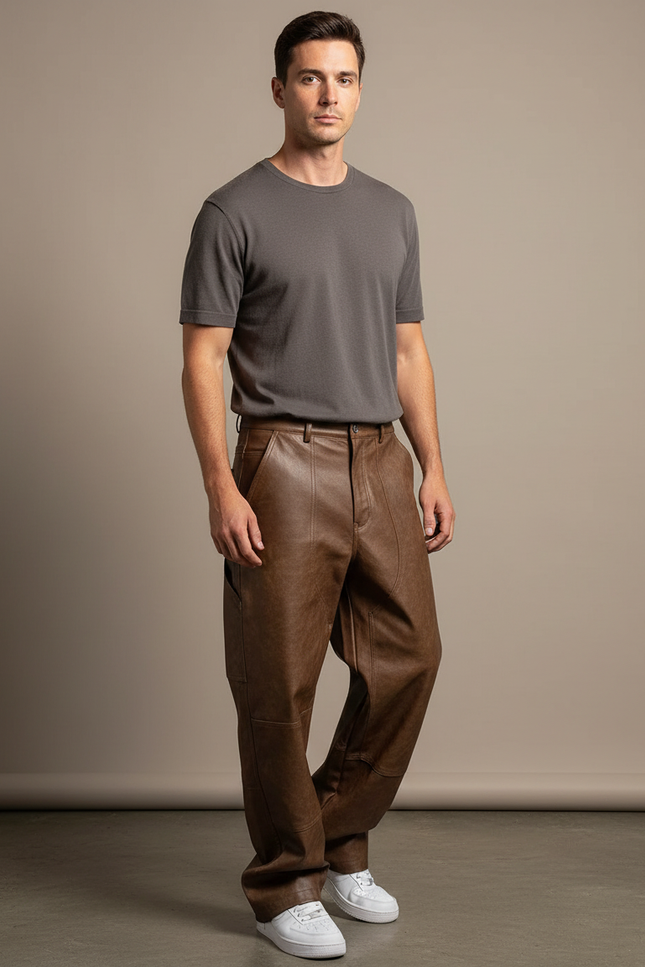 Pantalon Cuir Marron Vieilli