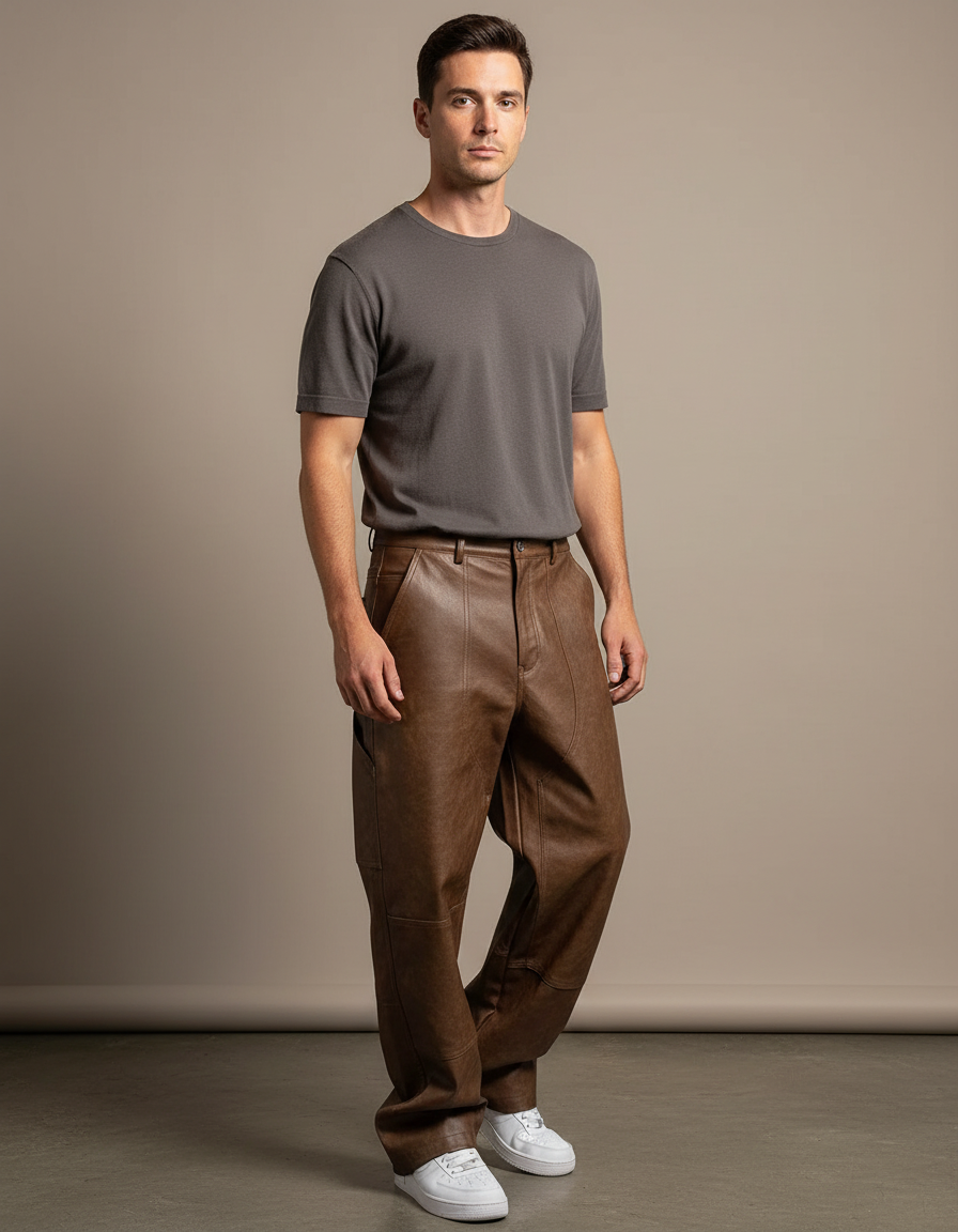 Pantalon Cuir Marron Vieilli
