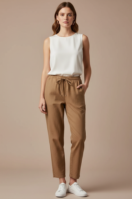 Pantalon Marron Cordon Lin Décontracté Femme