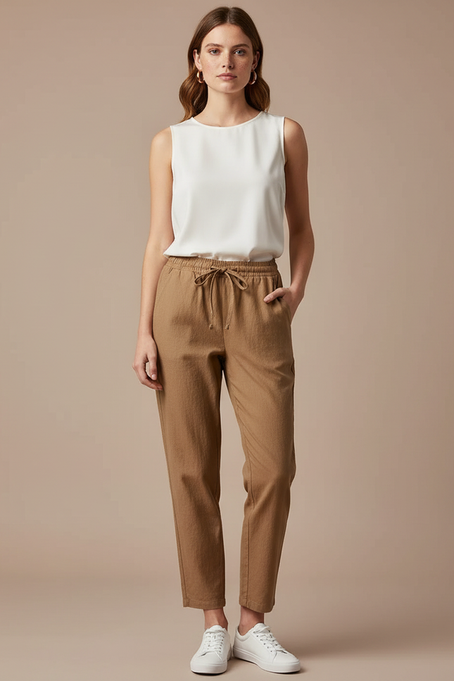 Pantalon Marron Cordon Lin Décontracté Femme