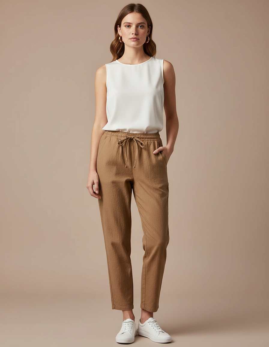 Pantalon Marron Cordon Lin Décontracté Femme